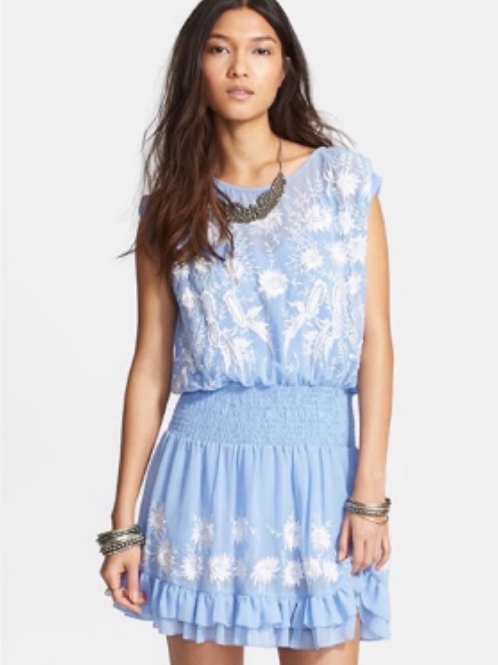 Free People Garden Bloom Mini Dress Light Blue Floral Embroided Large